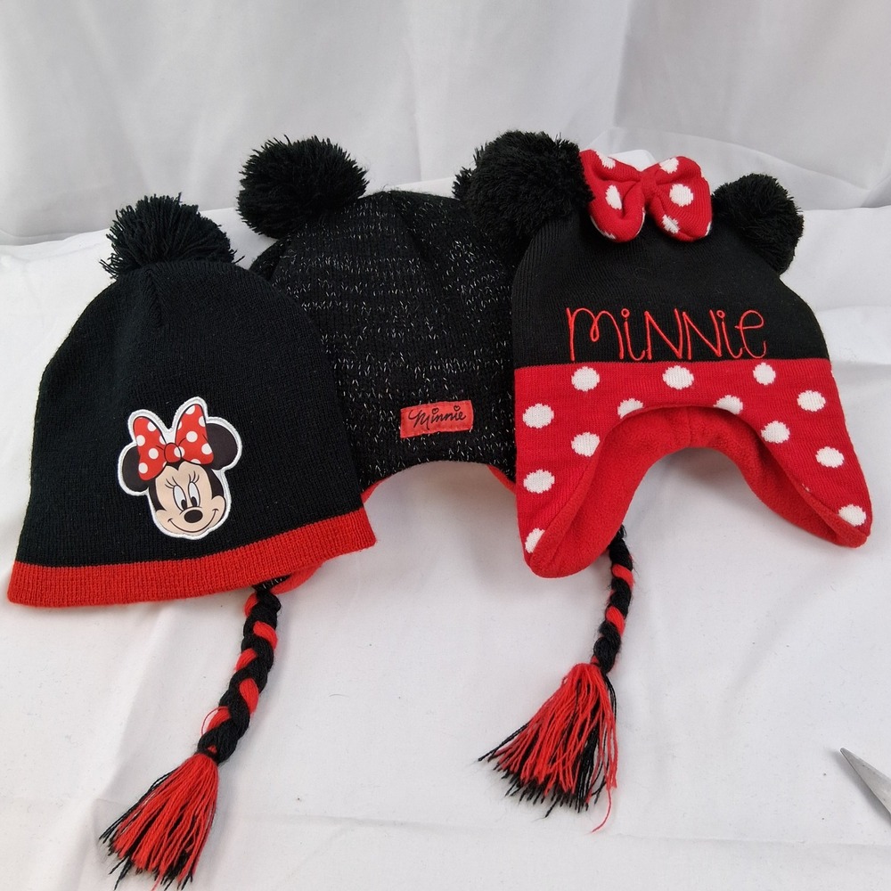 Disney Minnie Mouse Girls Black Red Knit Beanie  Lot of 3 w/‎ Pompoms and Braids
